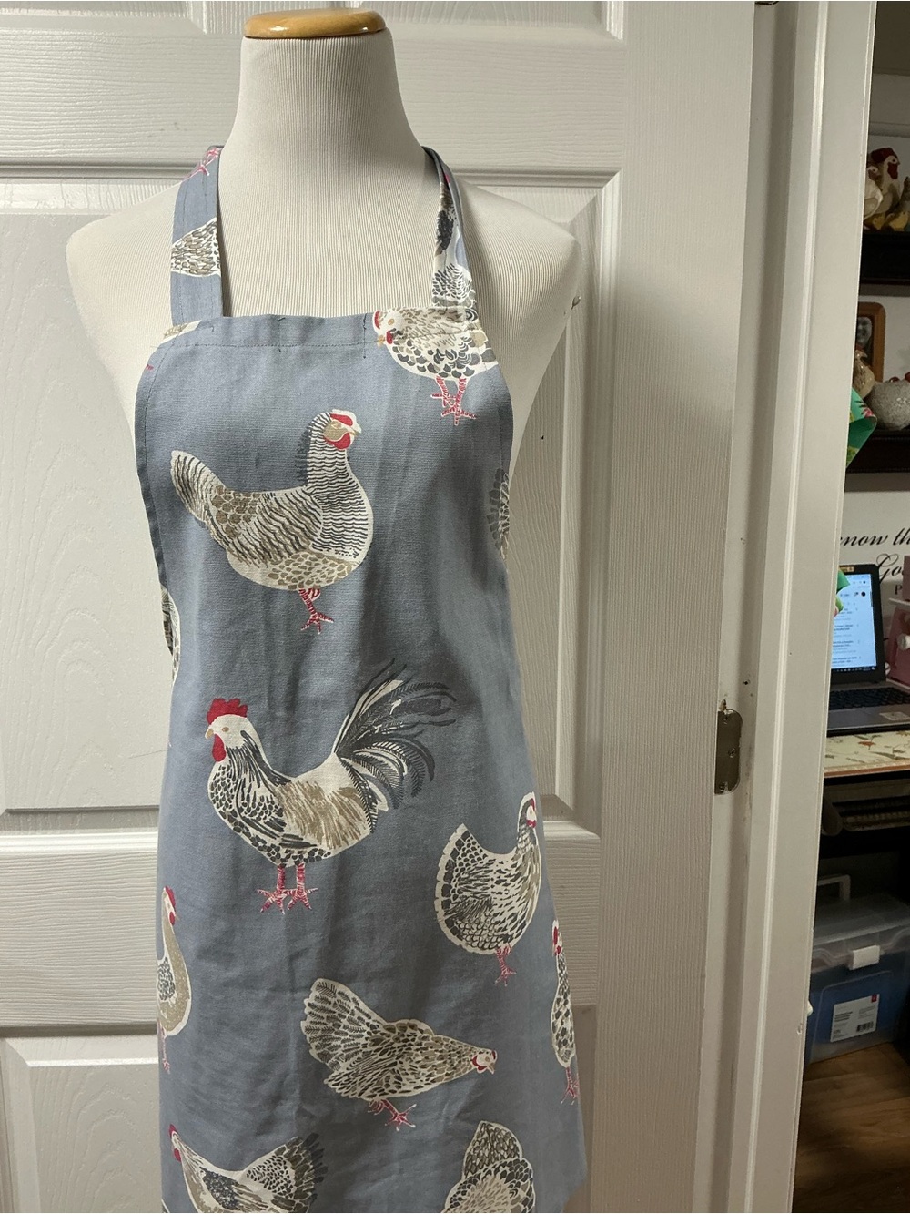 2018 - Chambray Gray Chicken-Print Cotton Apron